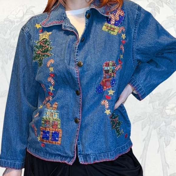 new directions Jackets & Blazers - New Directions Christmas Embroidered Jean Jacket